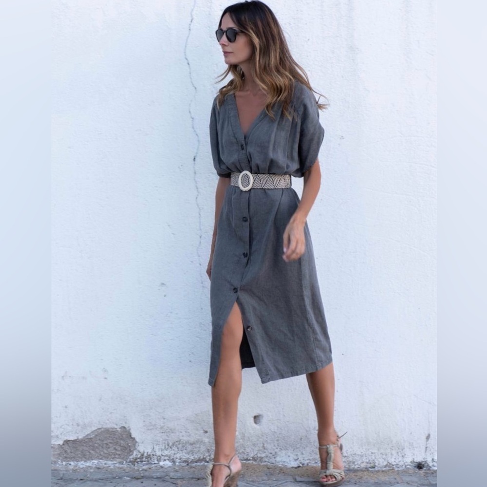 Zara Gray Button-Front Midi Dress